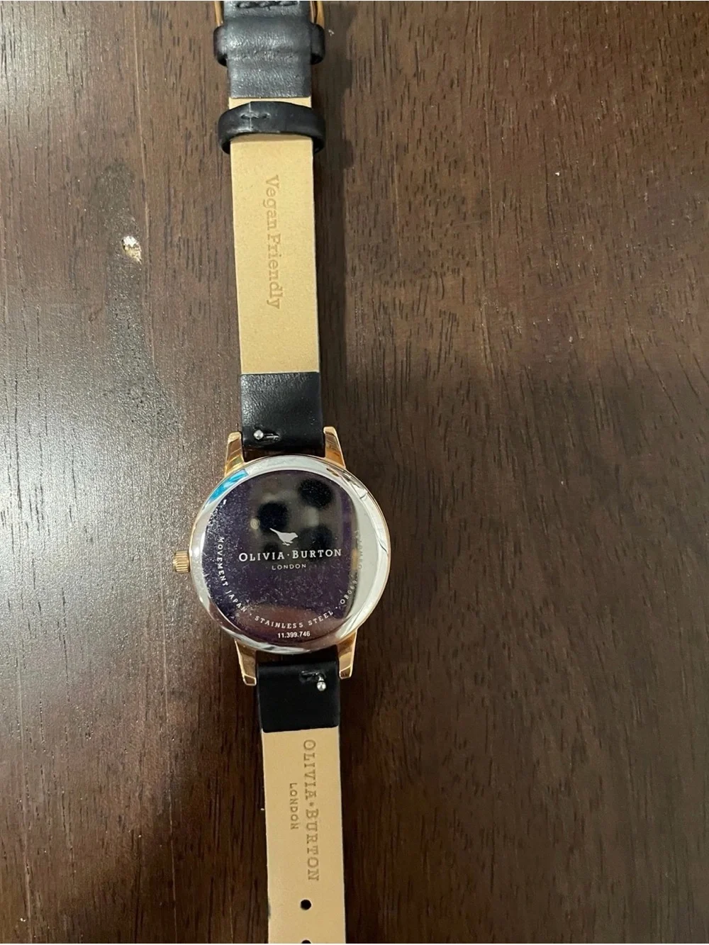 OLIVIA BURTON Black Glitter Dial Watch with Rose Gold Bee